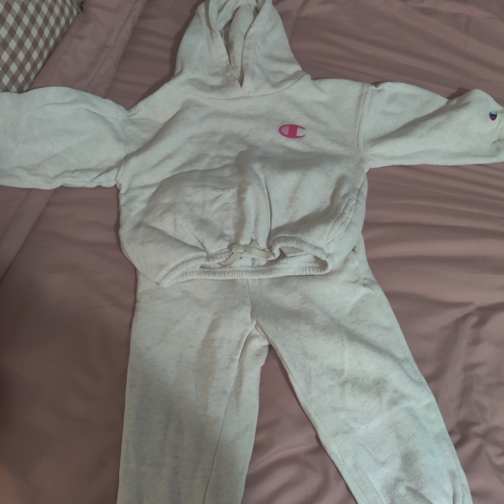 Champion White Two-Piece Hoodie and Sweatpants Set with Pink Logo